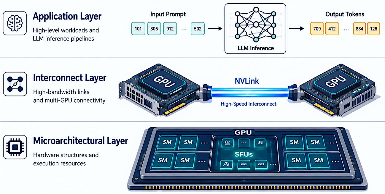 Three-layer GPU attack surface diagram showing Microarchitectural, NVLink, and LLM Inference layers